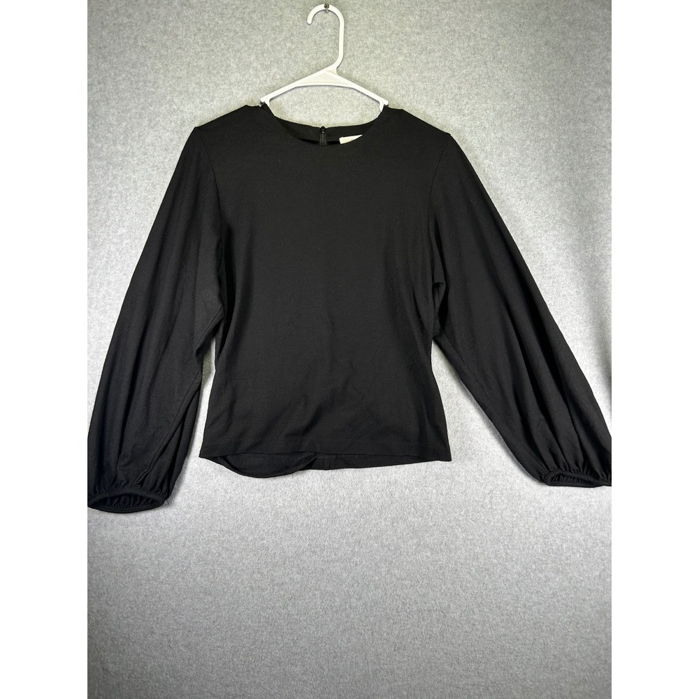 Vince Black Balloon Sleeve Blouse Womens Medium M Crew Neck Top Back Zip